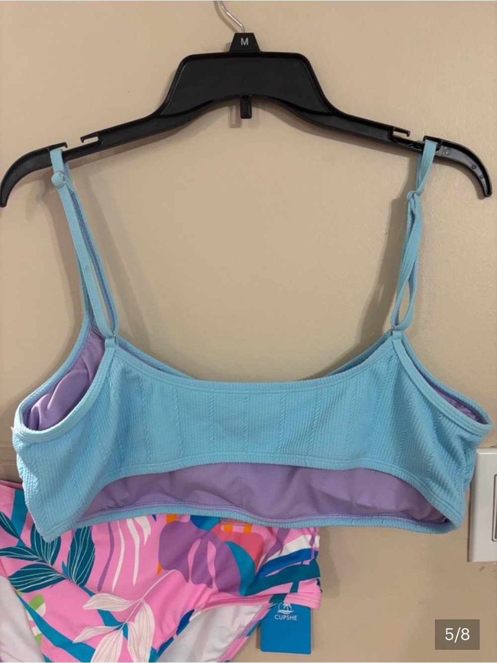 Cupshe Blue Ribbed Scoop Bikini Top with Pink Tropical Print Bottoms - Picture 5 of 8